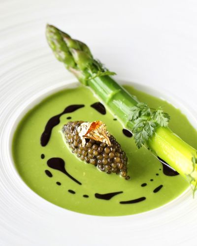 Asparagus and caviar dish at House Restaurant, Cliff House Hotel
